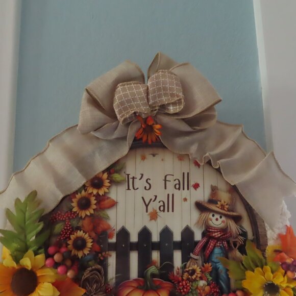 Wreath Sign It's Fall Y'all Yarn wrapped, Big Bow Autumn Decor 14” - Picture 2 of 7
